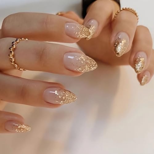 BABALAL Nude Gold Glitter Press On Nails, Medium Almond Fake Nails with Foil Sparkle, Glossy Acrylic Full Cover Stick On Nails for Women 24Pcs