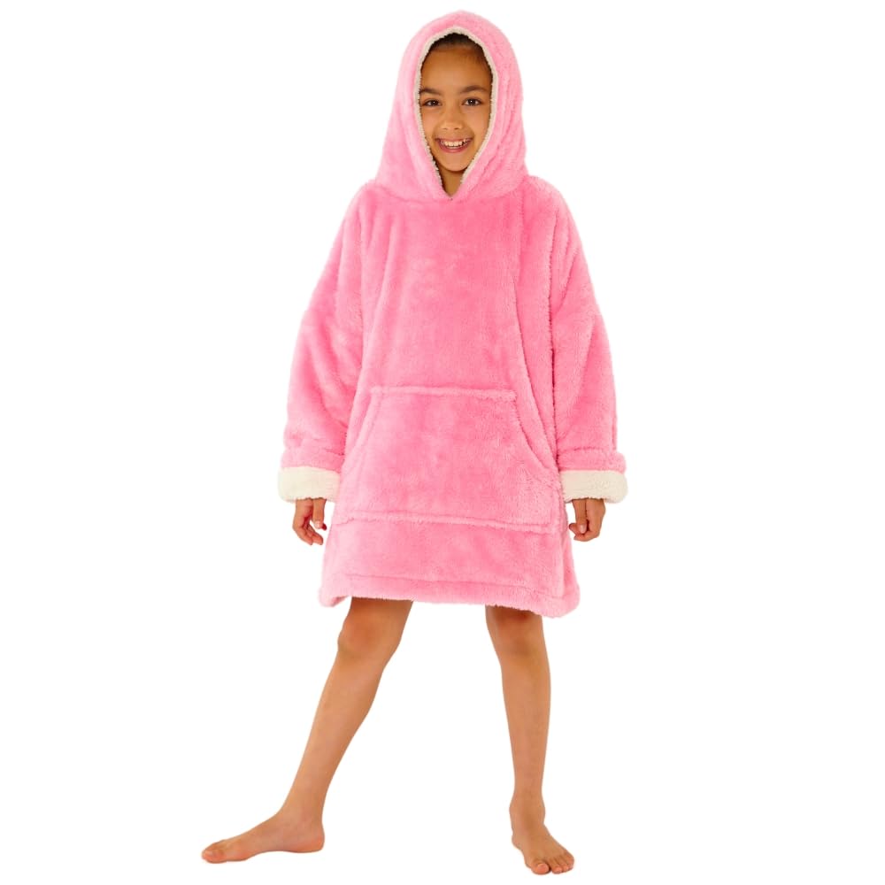 Just Essentials Kids Boys Girls Supersoft Fleece Hoodie Wearable Blanket Oversized Sweatshirt - Kids Fluffy Pink - One Size