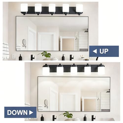 Image of 36.5 Inches Bathroom Vanity Light, 5-Light Black Bathroom Light Fixtures Over Mirror, Bathroom Light Shower Lamp with Milky White Square Glass Shade, Modern Farmhouse Lighting Fixtures