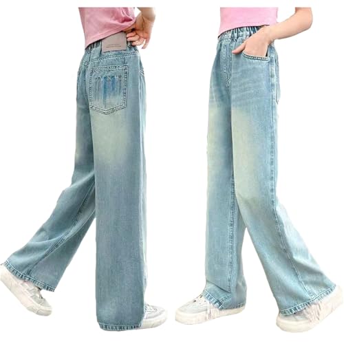 Girls Embroidered Wide Leg Jeans Elastic Waist Loose Casual Denim Pants with Pockets Comfortable Stylish Trendy