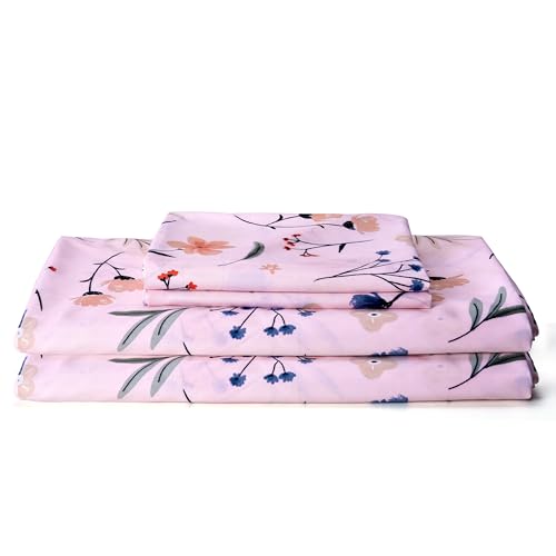Image of Pink Queen Sheets Set Flower Bed Sheets 4 Piece - Pink Botanical Patterned Sheets Microfiber Bedding Decor - Breathable & Durable Queen Sheet Set Up to16 Inches Deep Pocket Queen Bed Sheets