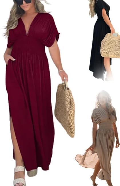 UBALDISlit V-Neck Effortless Maxi Long Dress, Summer Solid Casual Smocked Waist Boho Vacation Party Beach Dress, Summer Short Sleeve Pleated High Waist Loose Backless Beach Dress