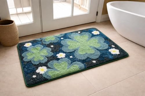 Image of Home Decor Multicolor Anti Skid Bath Mat for Bathroom, Anti Slip Bath mat, Non Slip Bath mat Door mat for Bathroom, Living Room Kitchen Bedroom (Blue & Green Flower Design)