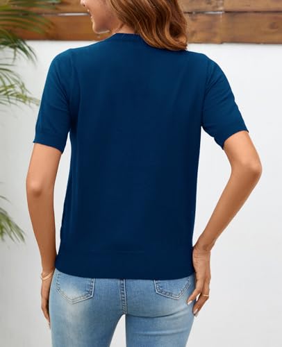 Image of Women Summer Knit Shirt Blouse V Neck Short Sleeve Pullover Sweater Tops