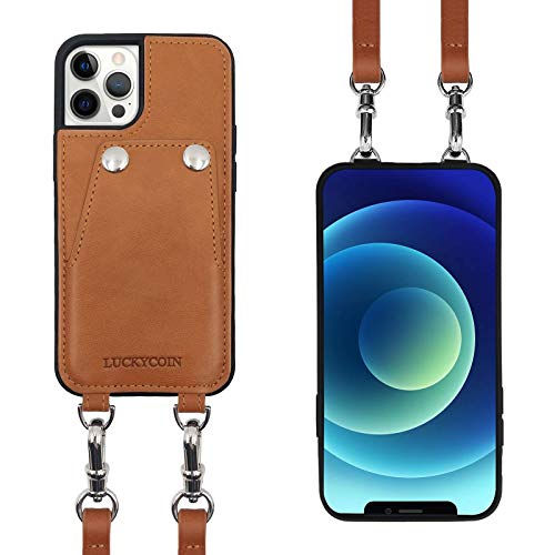 Luckycoin For Iphone 12 Pro Max Leather Bumper Case Vintage Genuine Leather Card Holders Wallet Protective Case Adjustable Leather Strap Compatible With 2020 New Apple Iphone 12 Pro Max 6.7 Inch Brown #TOP2