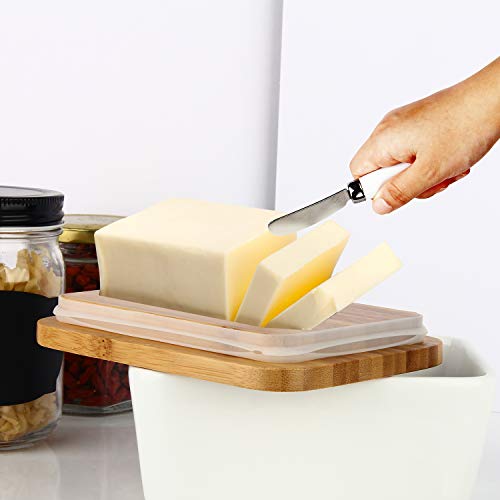 Butter Dish, OAMCEG Porcelain Ceramic Butter Container, Large Butter Keeper with Wooden Lid and Steel Knife, Airtight Butter Storage Container with Cover Holds Up to 2 Sticks of Butter