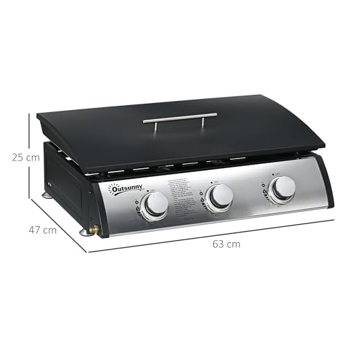 Outsunny Gasgrill mit 3 Brenner 7,5 kW Grillfläche 61 × 35,5 cm tragbarer Tischgrill mit Deckel Tischgasgrill aus Edelstahl BBQ Campinggrill für Garten Balkon Camping Schwarz