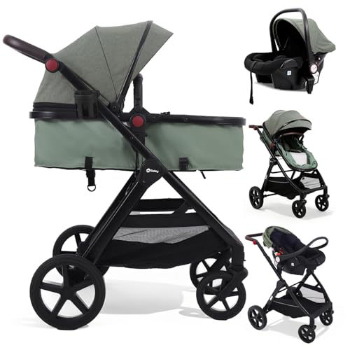 Sekey Kombi Kinderwagen Baby 3 in 1 Komplettset mit Regenschutz und Moskitonetz, Kinderwagen mit Liegefunktion bis 25kg, 0 bis 4 Jahre, 4-Rad-Federung, 5 Punkt-Gurt mit Reflektor, BW600, Grün/Schwarz