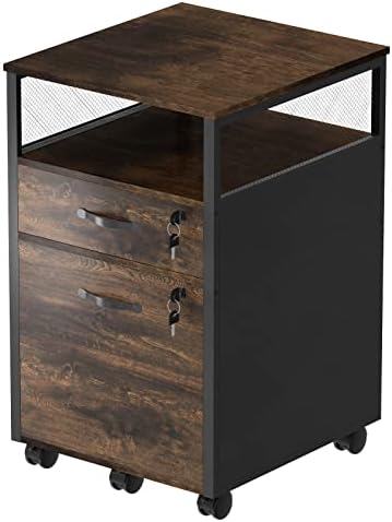 Visiblesser Rolling File Cabinet with Lock, 2 Drawer Filing Cabinets for Home Office, Wood Printer Stand with Storage Shelf Fits Letter Size, Hanging File Folders, Rustic Brown