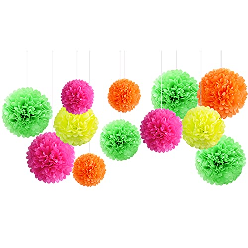 NICROLANDEE Fiesta Decoraciones – 12 pompones fluorescentes de neón con efecto UV reactivo para cumpleaños, decoración de boda, fiesta de luz negra, fiesta de taco o fiesta mexicana