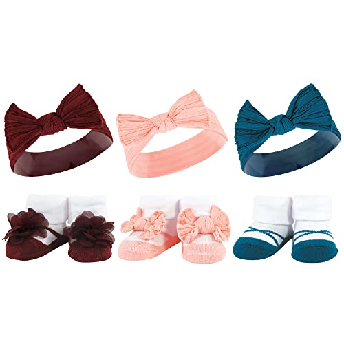 Coffret cadeau bébé fille avec bandeau et chaussettes bordeaux et bleu