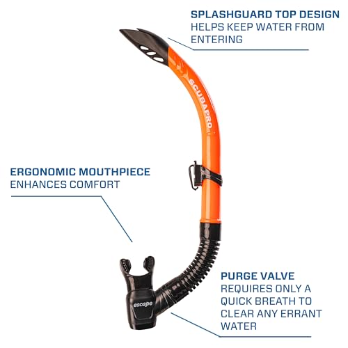 SCUBAPRO Escape Semi-Dry Snorkel, with Purge Valve and Splashguard Barrel-Top Design, Orange