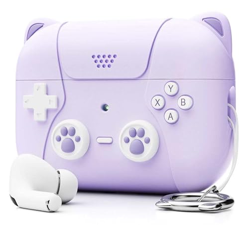 Image of Cute Cat Silicone Case Cover for Apple Airpods Pro 3 (2025), Game Console with Carabiner (Lavender, Cat)