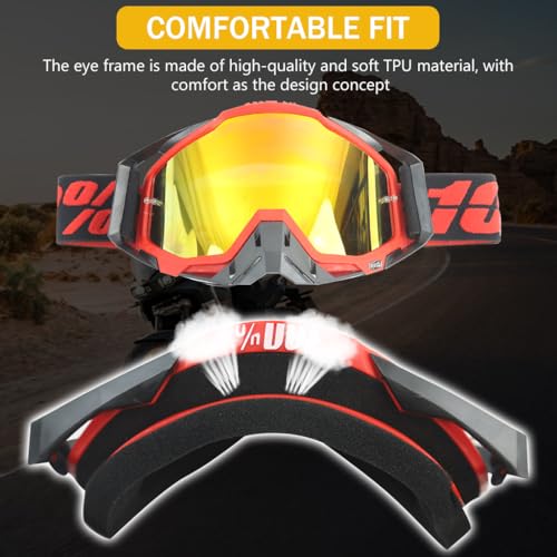 Image of PROBEROS Motorcycle Goggle, 100% Dirt Bike ATV Glasses, UV Protection Windproof Tainted Anti-Glare Anti-Fog, Riding Motocross Comfortable Foam Padding with Adjustable Headband, Red