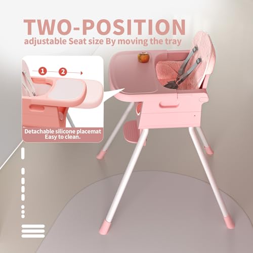 Image of Portable High Chairs for Babies and Toddlers, Convertible Baby Feeding Chair with Tray, Easy Clean High Chair for Toddler with Foot Rest, Infant Highchairs & Booster Seats with Cushion Pink