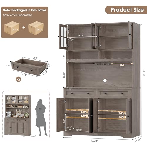 Image of HOSTACK 75.4 inch Tall Kitchen Pantry Cabinet with Charging Station, Modern White Kitchen Hutch with Microwave Stand and Wine Rack, Large Food Pantry Storage Cabinet with Glass Doors and Drawers, Ash Gray