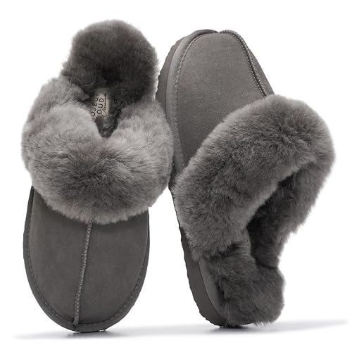 Project Cloud 100% Genuine Leather Slippers for Women Footwear with Genuine Fur Lining Womens Clogs & Mule - Non-Slip Indoor/Outdoor Scuff Womens Slippers w/Memory Foam Insole(Henka,FROSTSUEDE,7.5)