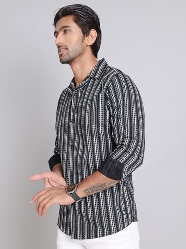 Image of Indian Needle Black Stripes Cotton Regular Fit Men's Casual Shirt (Black, XL)