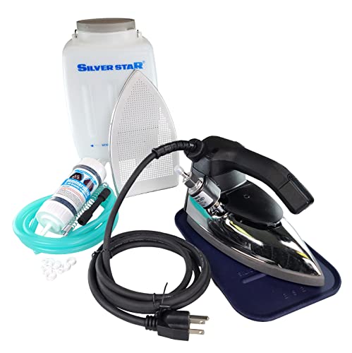 Silver Star ES-90A Steam Iron – 110 Volt Gravity Fed Hanging Bottle Clothes Iron with Non-Stick Laminate Sole Plate, Demineralizer Cartridge, Silicon Iron Rest & Hardware