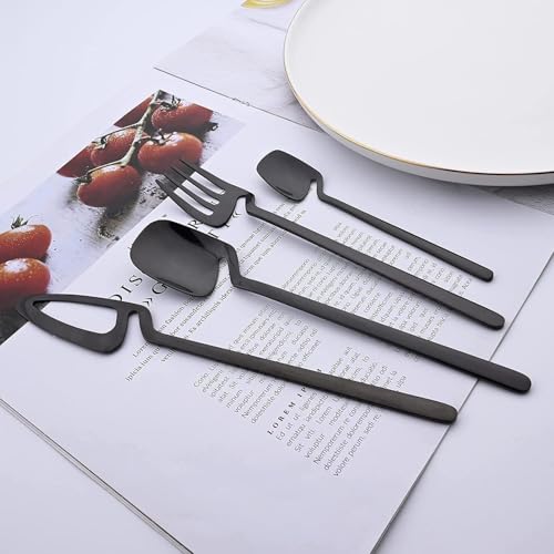 Image of Modern Stainless Steel Flatware Set - 4-Piece Unique Bent Handle Cutlery Set - Fork, Knife, Spoon & Teaspoon - Elegant Kitchen & Dining Silverware Set for Home & Restaurant (Black)