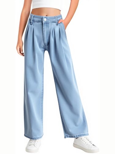 Haloumoning Girls Wide Leg Baggy Jeans Kids Fashion Pleated Elastic High Waist Denim Pants with Pockets 5-14 Years