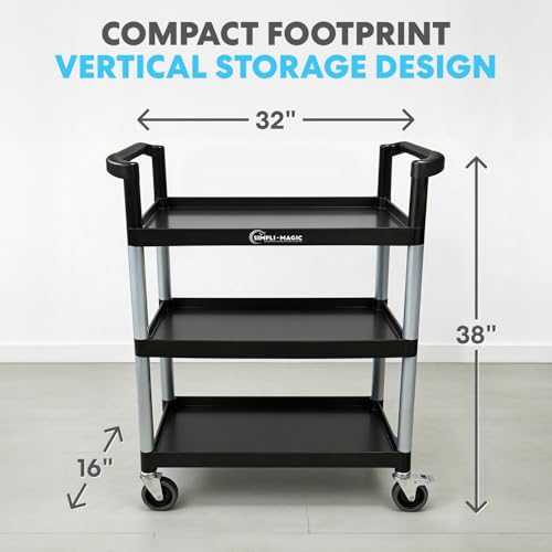 Image of Simpli-Magic Rolling Utility Cart on Wheels, Heavy Duty Multi-Purpose Service Cart, Silver & Black, Garage, Warehouse & Commercial Use
