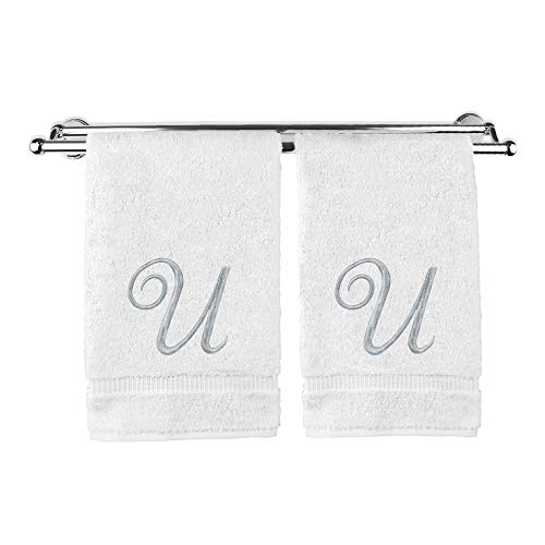Monogrammed Hand Towel, Personalized Gift, 16 x 30 Inches - Set of 2 - Silver Embroidered Towel - Extra Absorbent 100% Turkish Cotton- Soft Terry Finish - For Bathroom, Kitchen and Spa- Script U White