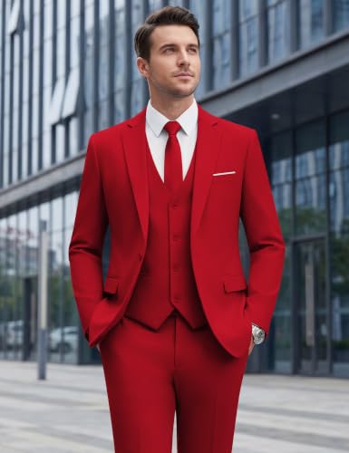 Image of WULFUL Men's Slim Fit Suit One Button 3-Piece Blazer Dress Business Wedding Party Jacket Vest & Pant