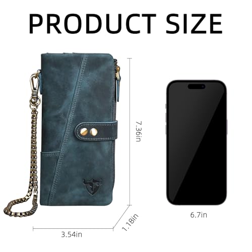 Image of Genuine Crazy Horse Leather Travel Gift Coin Pocket Card Case Long Organizer Chain Rfid Wallet Purse With Snap For Men Male 1803 1815 (1803 The Blue)