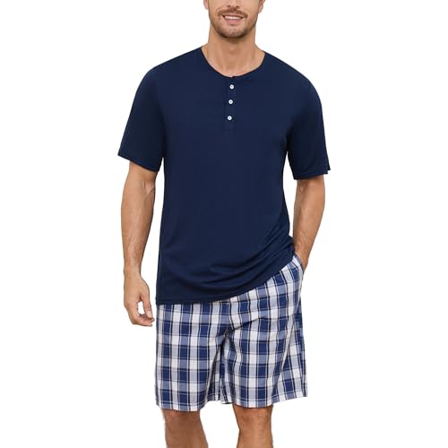 Vulcanodon Mens Pajama Set Short Sleeve, Pajamas Made from Bamboo Pulp Viscose and Cotton Lightweight PJS for Men