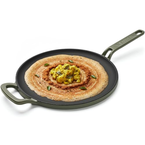 Image of Ember Cookware TitaniumClad Enamel Cast Iron Tawa for Dosa 27 cm | 10-Year Warranty | Rust-Proof Cast Iron Tawa for Roti & Dosa | Non Stick Dosa Tawa | Heavy Duty Induction Cookware | Sage