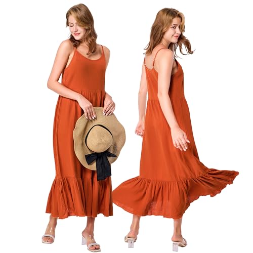 Image of Simple&Opulence Women Summer Casual Cotton Maxi Dress, Loose Sleeveless Spaghetti Strap Tiered Boho Flowy Sundress for Beach