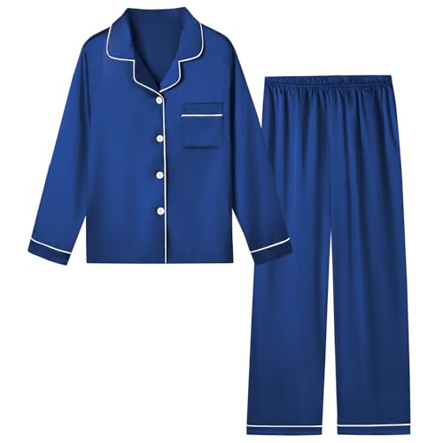 Image of Schbbbta Girls & Women Satin Pajamas Set, 2Piece Silk Nightwear Button-Down Sleepwear for Teen Kids, 3 Years - Women XXL