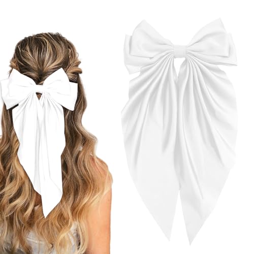 ILLPTA Hair Bow for Girls Cute Bow Hair Clips for Women Oversized Satin Hair clips Long Ribbon Hair Accessories Gifts for Girl (Pure white)