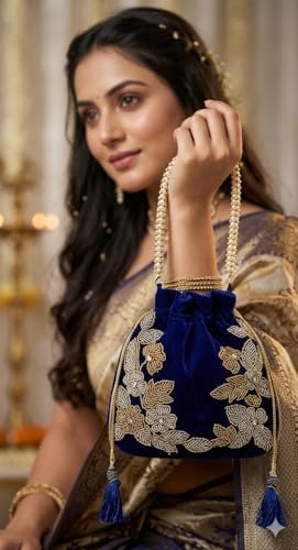 Image of Velvet Potli Bag with Golden & Silver Beaded Flower Embroidery - Handcrafted Ethnic Drawstring Bag for Weddings, Parties & Festive Gifts - Beaded Handle & Tassels for Women