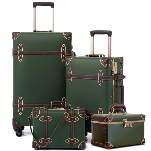 urecity Vintage Luggage Sets of 3 Piece - Hardside Lightweight Spinner Suitcases - Retro Travel Set includes Under Seat Train Case, Cosmetic Train Case, Army Green