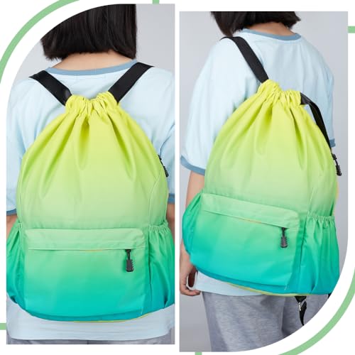 WADORN Drawstring Waterproof Backpack, Gradient Color Gym Storage Bags Oraganizer for Women Men, Green Yellow for Gym Sport Beach Outdoor Trip Cinch Sack DIY for Women Men, 19x16.14 Inch3