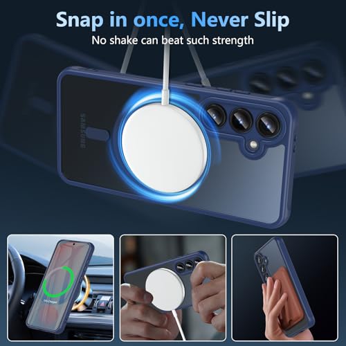 Image of OWKEY for Samsung Galaxy S24 FE Case 6.7'', Magnetic Galaxy S24 FE Case for Magsafe with Tempered Screen Protector [Shockproof Military] Translucent Matte Bumper Phone Cover Samsung S24 FE 5G, Blue