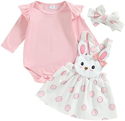Newborn Baby Girl Pink Bunny Outfit Long Sleeve Romper Rabbit Suspender Skirt Overall Dress Headband My 1st Easter Outfit (Pink, 3-6 Months)