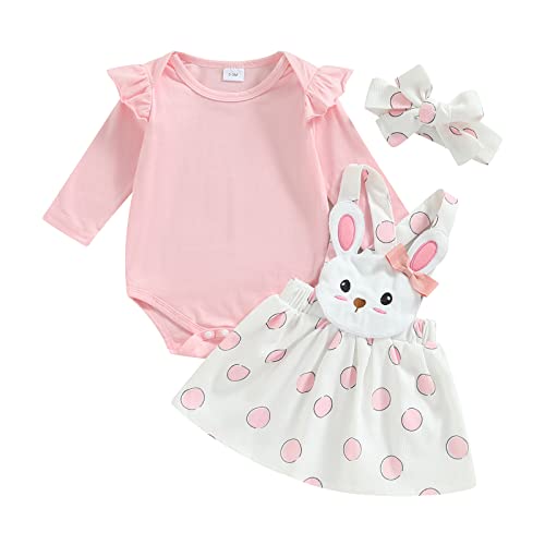 Newborn Baby Girl Easter Outfit Short Sleeve Romper Bunny Suspender Skirt Overall Dress My First Easter Clothes (B-Pink,6-9 Months)