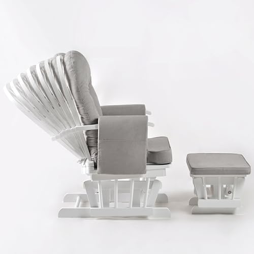 Schaukelstuhl mit Hocker - Verstellbare Rückenlehne, Stillsessel und Fernsehsessel, Stillstuhl Funktion, Ideal für Jedes Wohnzimmer, Naturholz Sessel Grau Weiß, Lesesessel mit Liegefunktion (Grau) – Bild 4