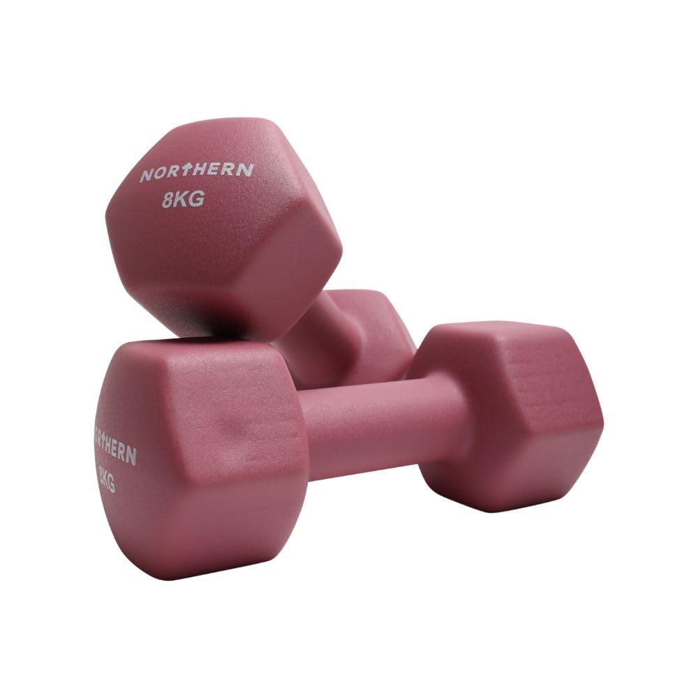 Northern Dusk Pink Neoprene Hex Dumbbells Pair, 1kg–8kg Hand Weights for Home Gym Strength Training, Non-Slip Hexagonal Dumbbells for Fitness, Aerobics, Yoga & Toning (8kg x 2)