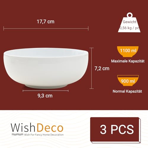 WishDeco Große Suppenschalen 3er Set, Salatschüsseln 1100ml, Servierschüssel Weiß, Nudelschüsseln Porzellan, Schüssel Set Keramik für Ramen, Obst, Dessert, Müsli 3