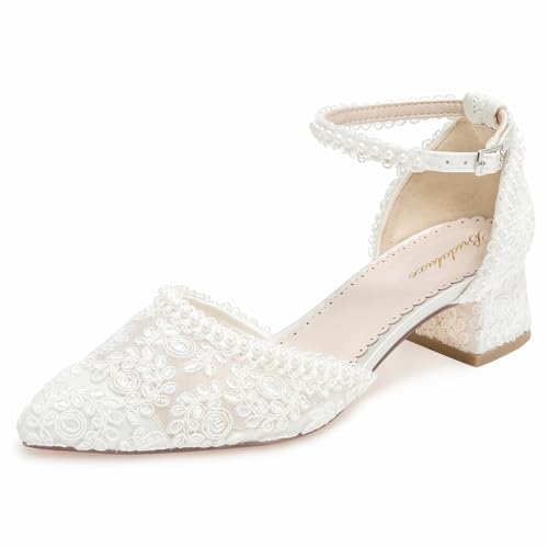 Bridaluxe 1601 Damen Hochzeitsschuhe 4,5 cm Niedriger Blockabsatz Spitze Perlen Riemchen Elegante...
