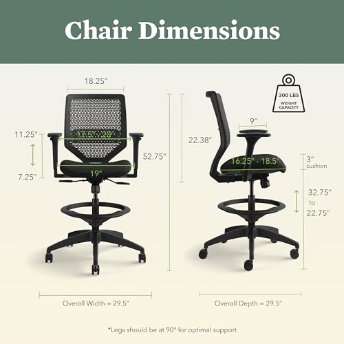 Image of HON Solve Standing Desk Chair with Breathable ReActiv Mesh Back, Adjustable Lumbar Support and Footring, Ergonomic Task Stool with Height Adjustable Arms for Sit‑Stand Workstations, Black