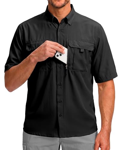 BETBO Men's Short Sleeves Fishing Shirts Button Down Summer Travel Work Shirts with Zipper Pockets(Black, X-Large)