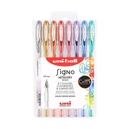 Mitsubishi Pencil - 8 Stylos Rollers Encre Gel - Uni-Ball Signo - Couleurs Métalliques - Pointe 0,8 mm - Écriture Médium - Rollers Créatifs pour Carterie...