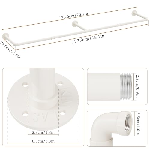 Yawinhe Industrierohr Kleiderstangen,178cm Kleiderbügel für die Wand, Platzsparenders Wandregal Küchenregal mit 3 Basen, für Geschäft, Cremefarbe, 1-Pack, YMG004W-1