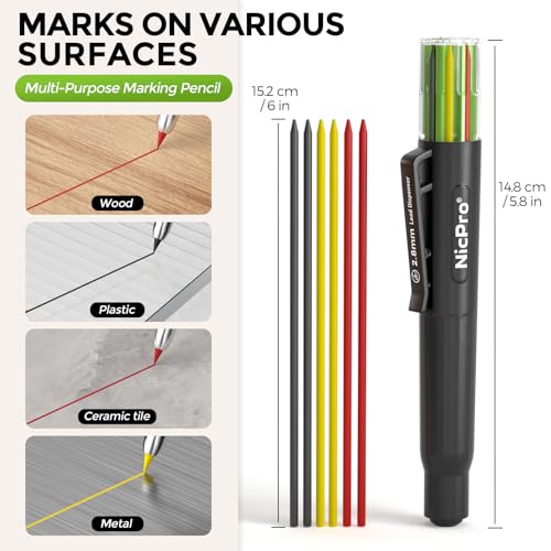 Image of Nicpro 12 PCS Carpenter Pencil 2.8mm Lead Refills in A Replacement Lead Dispenser, Break Resistant 2.8 mm Leads for Construction Pencils, Woodworking Pencils (Black, Red, Yellow)
