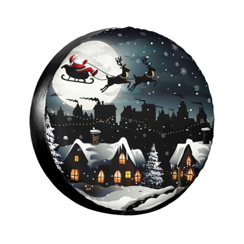Image of Winter Santa Claus Flying Spare Tire Cover for Rv Trailer Camper- Cute Xmas Winter Waterproof Wheel Protectors Cover Universal Fit for Truck SUV Travel New Year Outdoor-16 inch